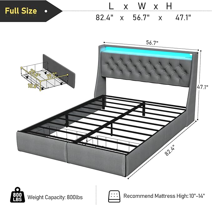 SADENICEL Full Size Bed Frame with Storage Headboard and 2 Drawer, Metal Full Bed Frame Platform with LED Light, Charging Station, No Box Spring Needed, Noise Free, Easy Assembly, Grey