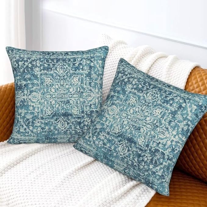 Teal Boho Pillow Covers 24x24 Set of 2, Bohemian Carpet Pattern Outdoor Decorative Throw Pillows Linen Ethnic Design Rustic Farmhouse Cushion Cases for Couch Sofa Decor
