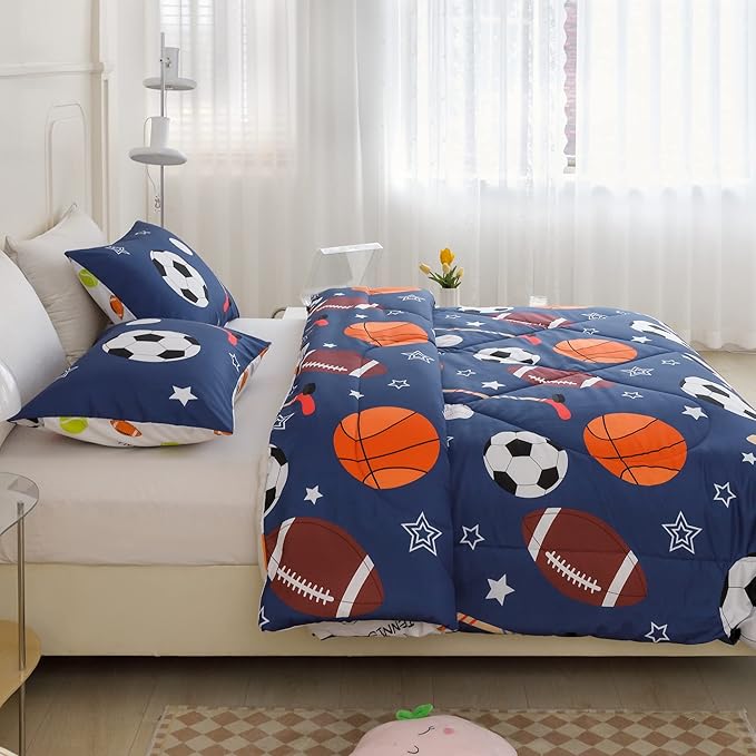 RYNGHIPY Kids Sports Theme Bedding Set, Basketball Football Baseball Tennis Print Comforter Set for Teens Boys Girls, Super Soft Lightweight (Balls,Queen)