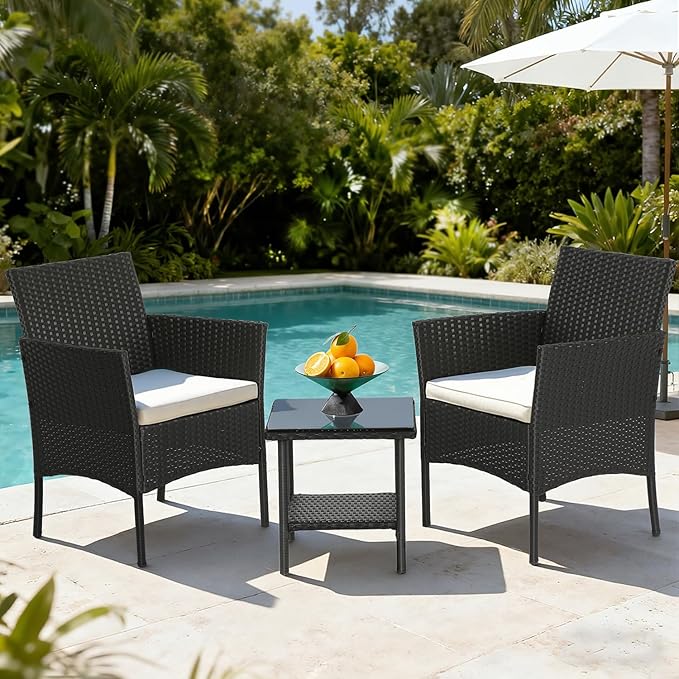 FDW Wicker Outdoor Furniture Patio Furniture Set of 3 Rattan Patio Chairs Outdoor Chairs Patio Conversation Set with Coffee Table for Yard Backyard Lawn Porch Poolside Balcony,Black