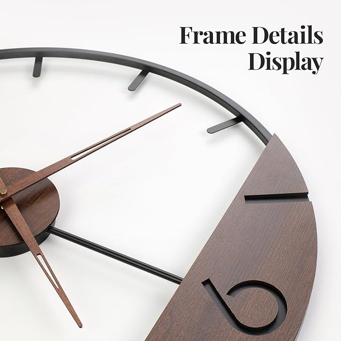 Extra Large Wall Clock 36 Inch Modern Black Metal Clock with Walnut Wood Dial, Silent Non-Ticking Oversized Decorative Battery Powered Big Clock for Living Room, Kitchen, Office, Bedroom