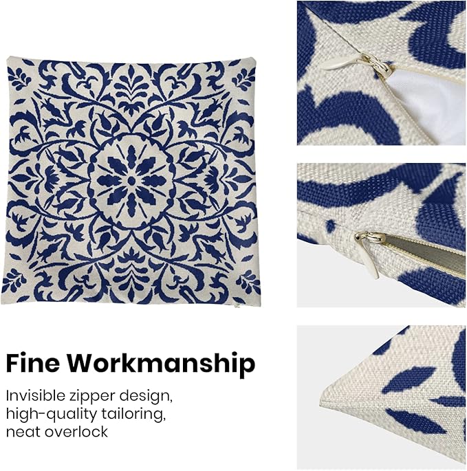 Navy Blue Boho Pillow Covers 20x20 Set of 2, Bohemian Ethnic Carpet Pattern Design Decorative Throw Pillows Linen Blue Print Farmhouse Cushion Pillow Covers for Sofa Couch Outdoor Decor