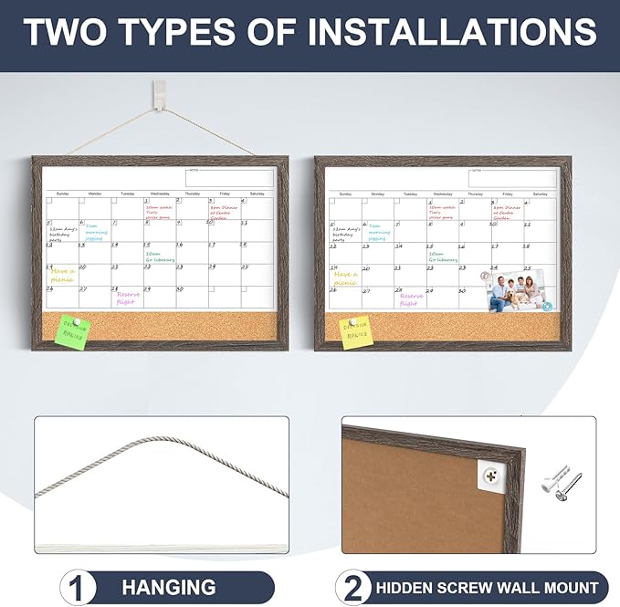 Calendar Whiteboard for Wall, 17x13 Inches Dry Erase Calendar Cork Board Combo, Magnetic White Board with Wood Framed, Hanging Dry Erase Board for Home Kitchen Office Planner Memo
