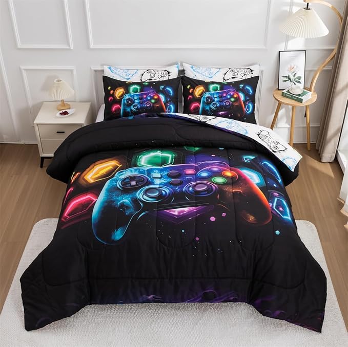 NTBED Game Console Comforter Set for Boys Girls Kids Space Universe Gaming Geometric Lightweight Microfiber Gamer Bedding Sets (Multi, Queen)
