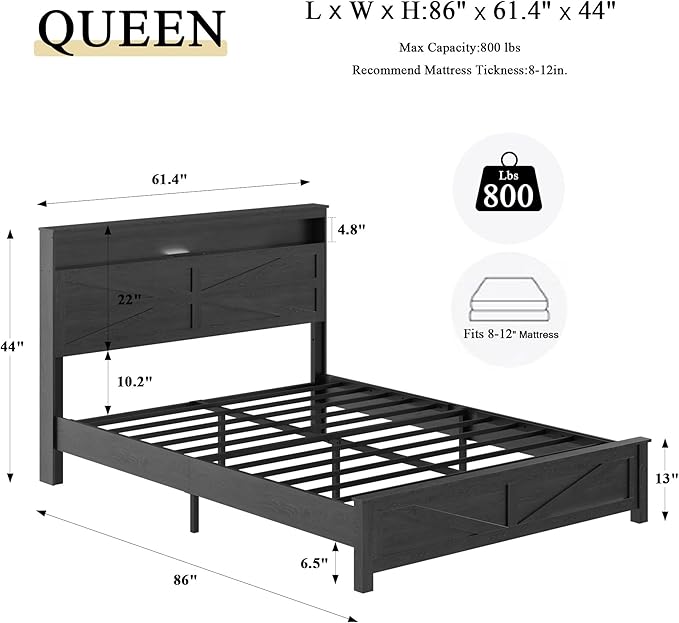 Farmhouse Wooden Bed Frame Queen Size with Storage Headboard, Boho Platform Bedframe with LED Lights and Charging Station, Metal Slats Support, No Box Spring Needed, Black