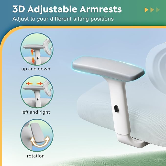 DEVAISE Office Chair Big and Tall Reclining Ergonomic Desk Chair for Long Hours, Comfy Breathable Mesh, Adjustable Armrests with Lumbar Support, White