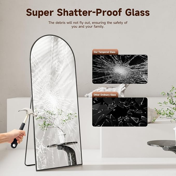 Arched Full Length Mirror 58"x19", Black Tempered Glass Wall Hanging Mounted Body Length Mirrors with Stand, Large Floor Aluminum Alloy Thin Frame