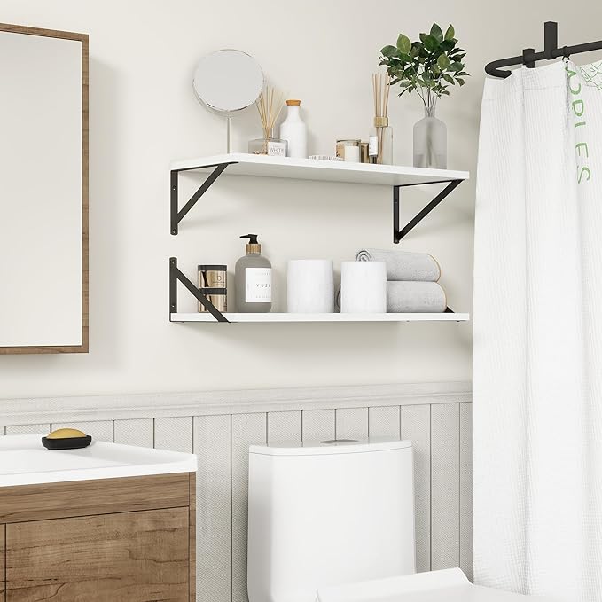 Fun Memories 27.5" W x10 D Floating Shelves, White Wall Shelf with Brackets, 10 Inch Deep Floating Shelf Set of 2, Large Storage Kitchen Living Room Bathroom Shelves, Wood Wall Mounted Shelf