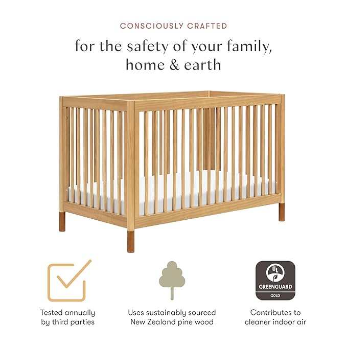Babyletto Gelato 4-in-1 Convertible Crib with Toddler Bed Conversion in Honey with Vegan Tan Leather Feet, Greenguard Gold Certified