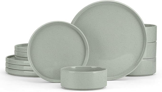 E-far Stoneware Dinnerware Sets, 12-Piece Plates and Bowls Dish Set for 4, Kitchen Modern Dinning Ware, Chip and Scratch Resistant, Microwave & Dishwasher Safe, Speckled Green