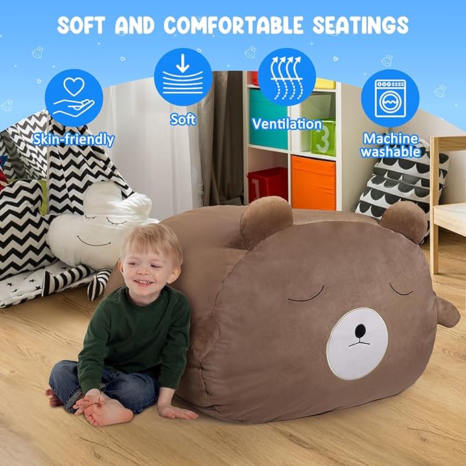 GAGAKU Stuffed Animal Bean Bag Cover Toy Storage, 24 Inches Kids BeanBag Brown Bear Large Zipper Bean Bag for Organizing Kids Plush Toys Home Supplies