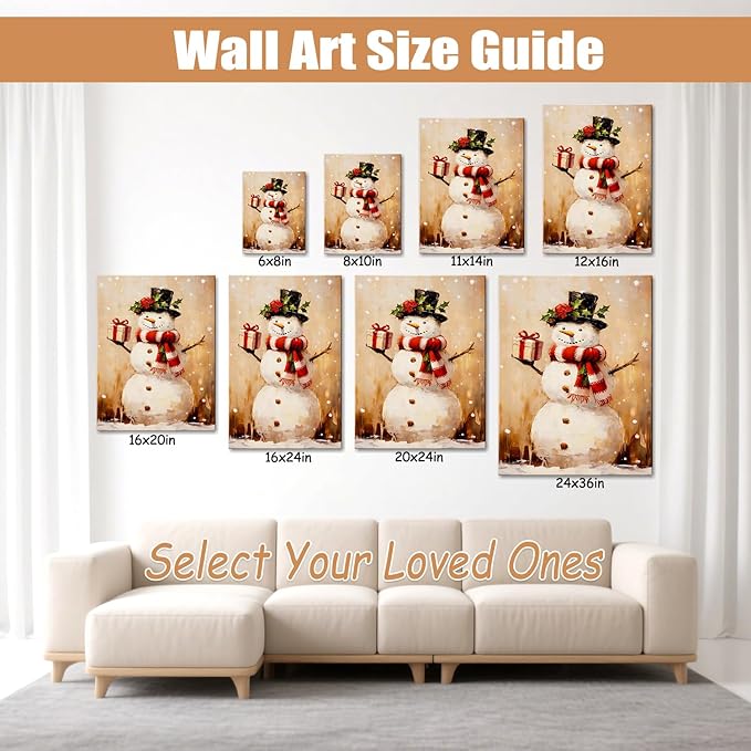 Rustic Snowman with Gift Box Christmas Canvas Wall Art - Humorous Winter Scene Framed Print for Bathroom & Bedroom Decor, Cozy Farmhouse Christmas Wall Art, Unique Christmas Gift & Festive Decoration
