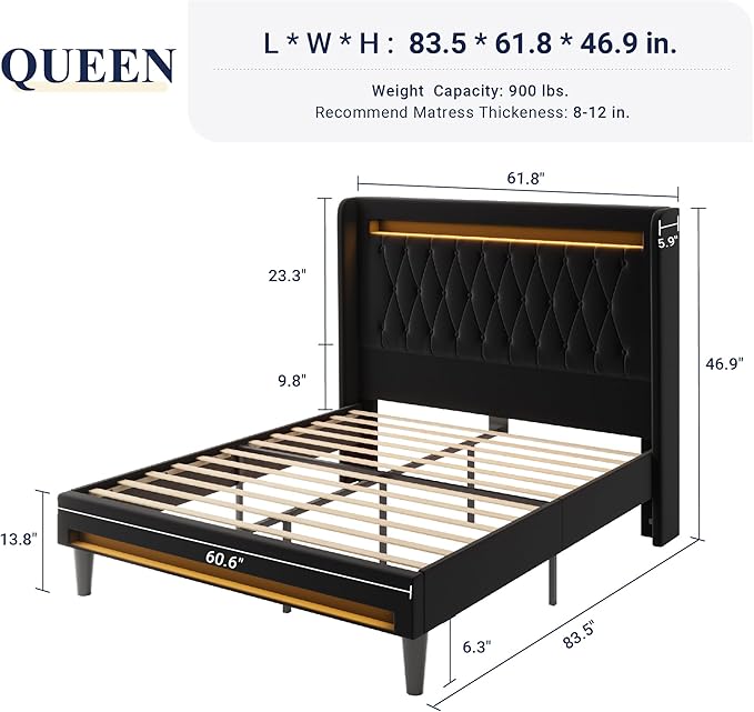 Allewie Upholstered Queen Size Platform Bed Frame with LED Light and Charging Station, Button Tufted High Headboard, Wingback Design, Noise Free, Easy Assembly, No Box Spring Needed, Black