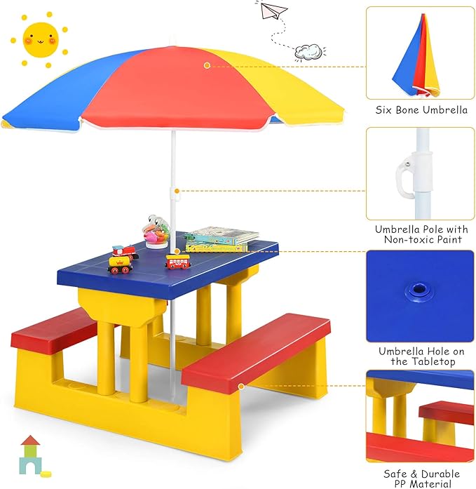 Costzon Kids Picnic Table, Indoor & Outdoor Table and Bench with Removable Umbrella, Portable Toddler Picnic Table and Chair Set for Garden, Backyard, Patio