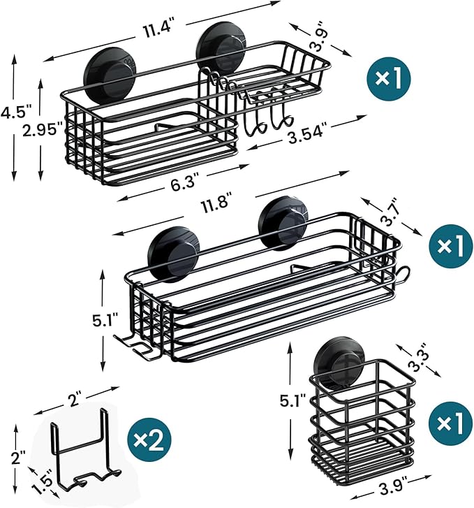 TAILI Shower Caddy Suction Cup, 3 Pack Shelves for Inside with Hooks & Soap holder Toothbrush Cups, Removable Bathroom Organizer, Rustproof Black Holder Storage-Black