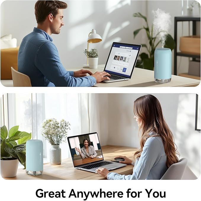 Portable Mini Humidifier, Small Cool Mist Humidifiers 350ml Quiet USB Personal Desktop Air Humidifier for Bedroom Home Plants Car Baby indoor Office with 2 Mist Modes & Auto Shut-off（Blue）