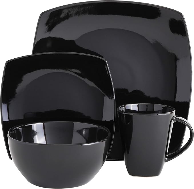 Gibson Elite Soho Lounge Square Reactive Glaze Stoneware Dinnerware Set, Service for 4 (16pc), Black