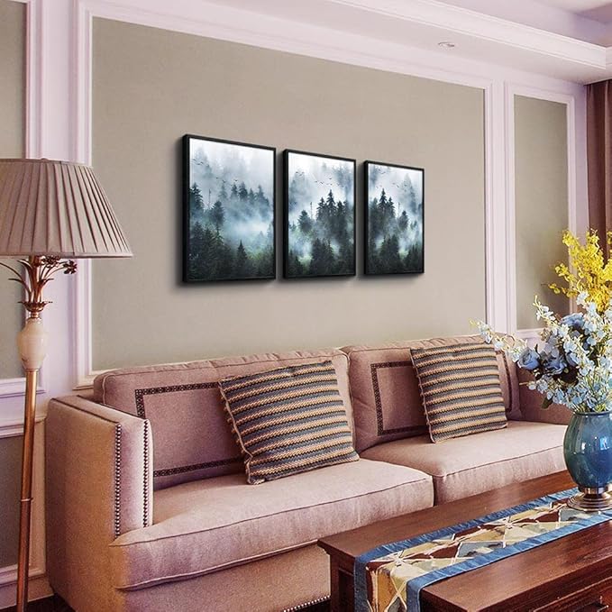 DZRWUBHS Black Framed Wall Art - Foggy Forest Paintings, Trees Landscape - 3 Piece Framed Art for Living Room, Bedroom & Office Decor
