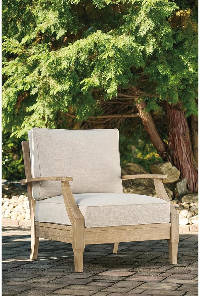 Signature Design by Ashley Clare View Outdoor Lounge Chair, All-weather Foam Cushion, Protective Finish, Eucalyptus Wood , 30" W x 35" D x 32" H, Beige