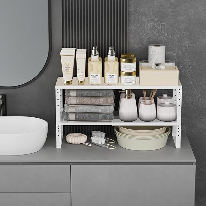 Expandable Spice Rack Organizion for Kitchen Cabinet, Seasoning,Bathroom Organizer Display Shelf, Stackable Multi-Purpose Shelves.Easy-to-Install（3Packs/White,Medium