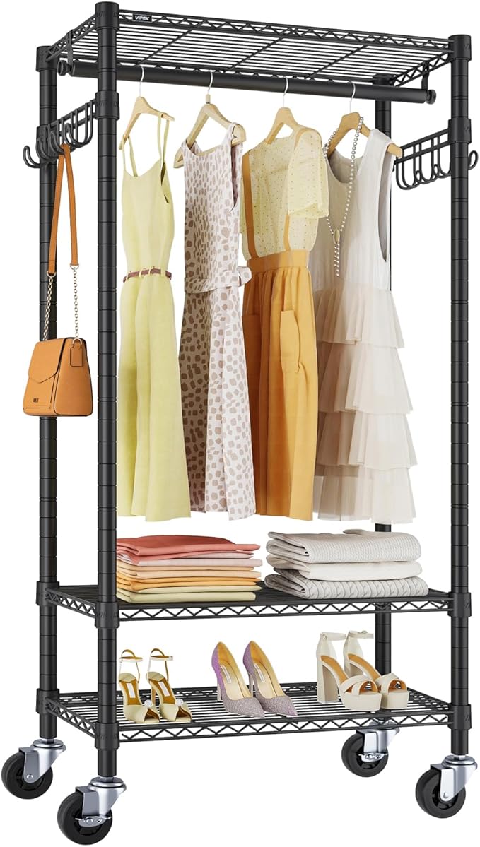 VIPEK R3 Medium Rolling Clothes Racks with Lockable Wheels, Heavy Duty Garment Rack with Adjustable Shelves & Hanging Rod & Side Hooks, Compact Space-Saving Storage for Small Apartments/Dorms (Black)