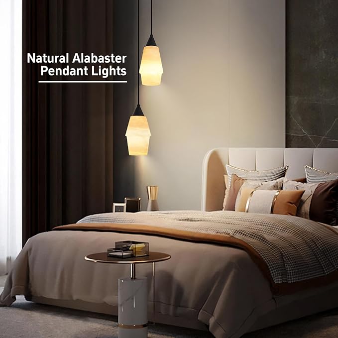 Natural Alabaster Pendant Lights Kitchen Island, H-7.87in White Pendant Light Fixtures, Light Pendant Marble Shade, for Bedroom Bathroom Dining Room Living Room