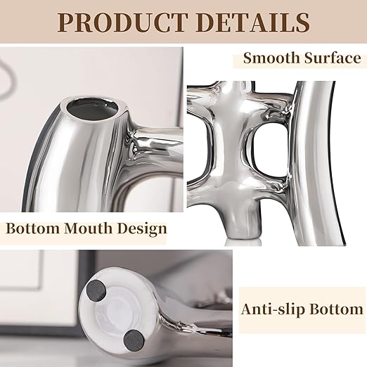 Silver Vases Home Decor, Irregular Ceramic Flower Vase, Wabi Sabi Decor Handmade Vase, Coffee Table Decor for Bedroom, Office, Living Room, Bathroom, Chrome Decorations