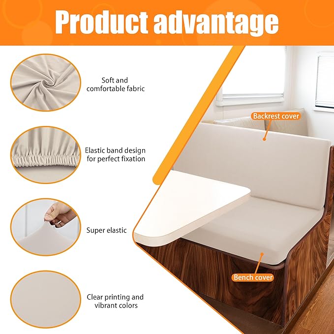 Rv Dinette Cushion Covers,Printing Stretchable Camper Cushion Cover,RV Cushion Slipcover,Rv Couch Cover Replacement for RV Camper Car Bench,2 Backrest Covers and 2 Bench Covers (Beige)