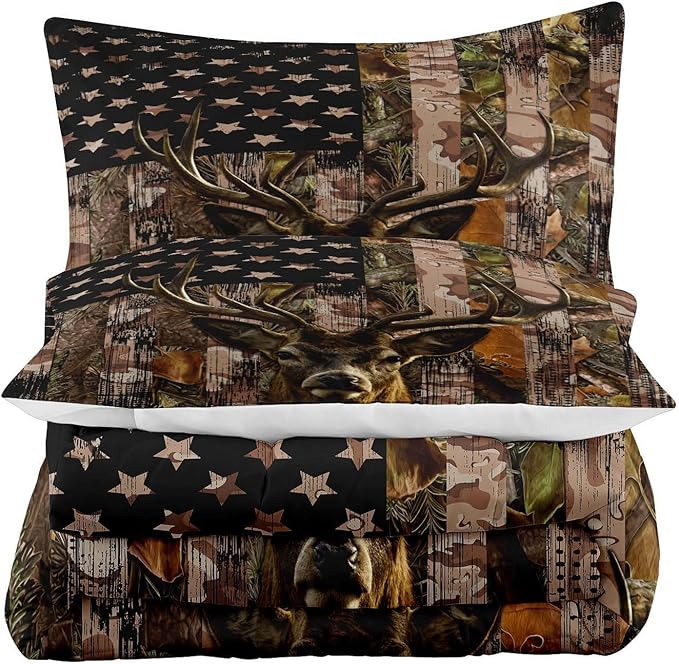 Tailor Shop Deer Comforter Sets for Boys Kids Teens,American Flag Camo Bedding Sets Queen Size Hunting Comforter Sets Woodland Moose Wildlife Forest Bed Set, with 1 Comforter 2 Pillowcase…