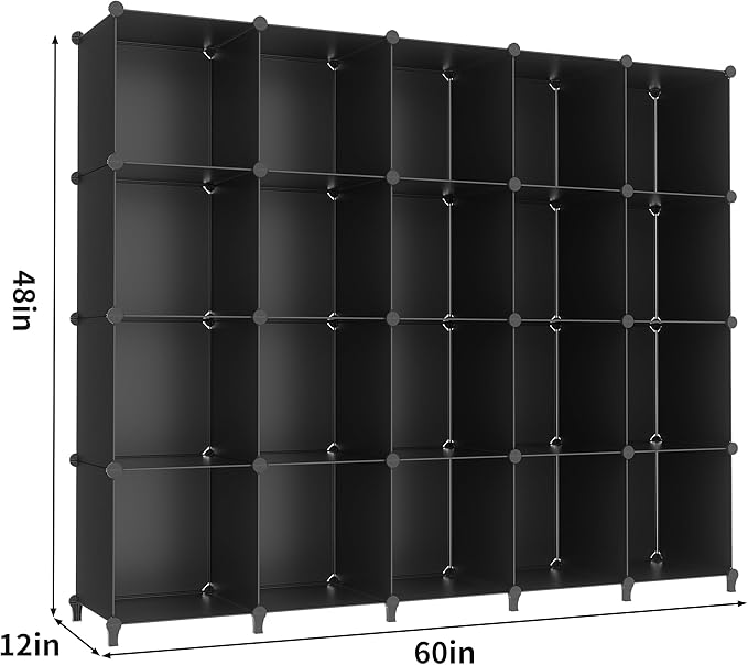 HOMIDEC 20-Cube Black Storage Organizer, Modular Shelf With Hammer, Storage Bin Cabinet Closet Bookshelf for Living Room, Bedroom, Office, Each Cube Size 11.8 x 11.8 Inch
