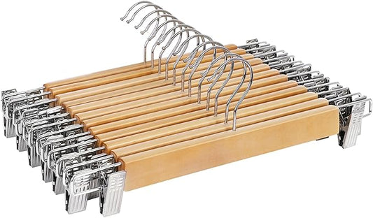 SONGMICS Wooden Pants Hangers 12 Pack, Pants Hangers with Clips, Adjustable Anti-Rust Metal Clips, 360° Swivel Hook, Skirt Hangers for Pant, Skirts, Natural Grain UCRW008-12