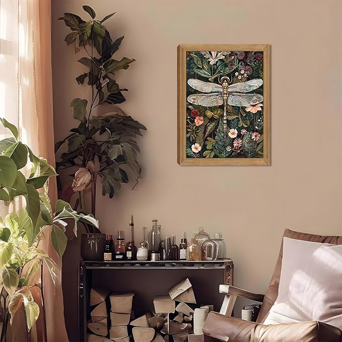 Framed Vintage 3D Textured Wall Art - Dark Green Dragonfly Flowers Wall Decor - Hand Drawn Sandstone Nature Botanical Pictures for Living Room Bedroom Home Decor 16x24in