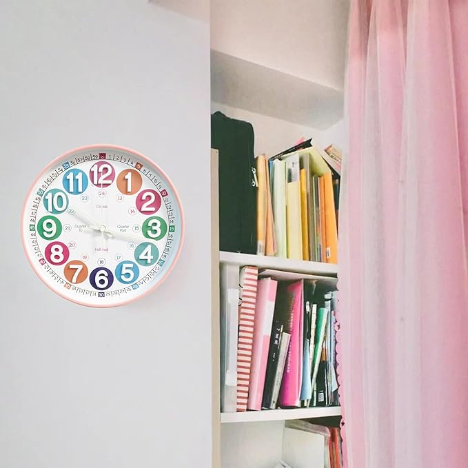 Learning Time Clock for Kids,12 Inch 3D Numbers Colorful Clock Face Silent Clocks，Bedroom,Kitchen,Classroom,Décor at School, Clear Digital Wall Clock for Kids Room(3D Peach Pink Luminous)