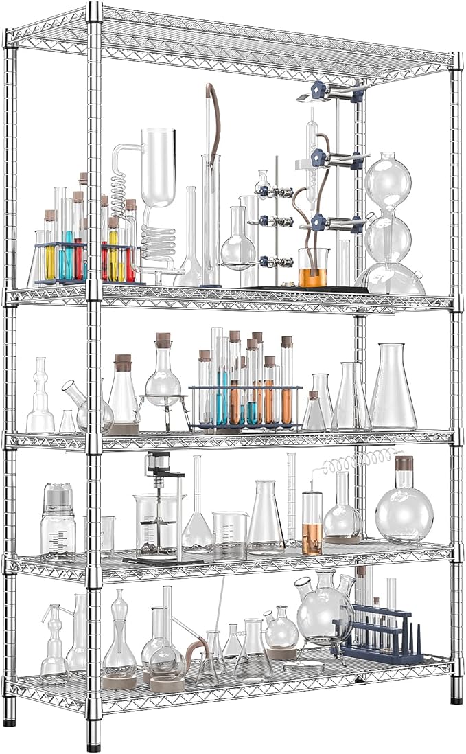 IZEUK 3300 LBS Garage Shelving Wide Storage Shelves 5 Tier Metal Shelves Heavy Duty Adjustable Utility Shelf Rack Chrome 17.7" D x 59.1" W x 70.4" H