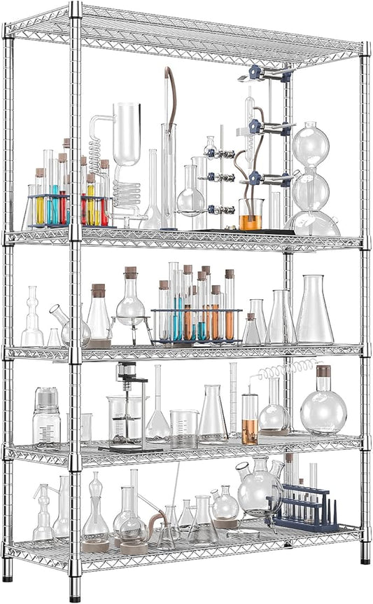 IZEUK 3300 LBS Garage Shelving Wide Storage Shelves 5 Tier Metal Shelves Heavy Duty Adjustable Utility Shelf Rack Chrome 17.7" D x 59.1" W x 70.4" H
