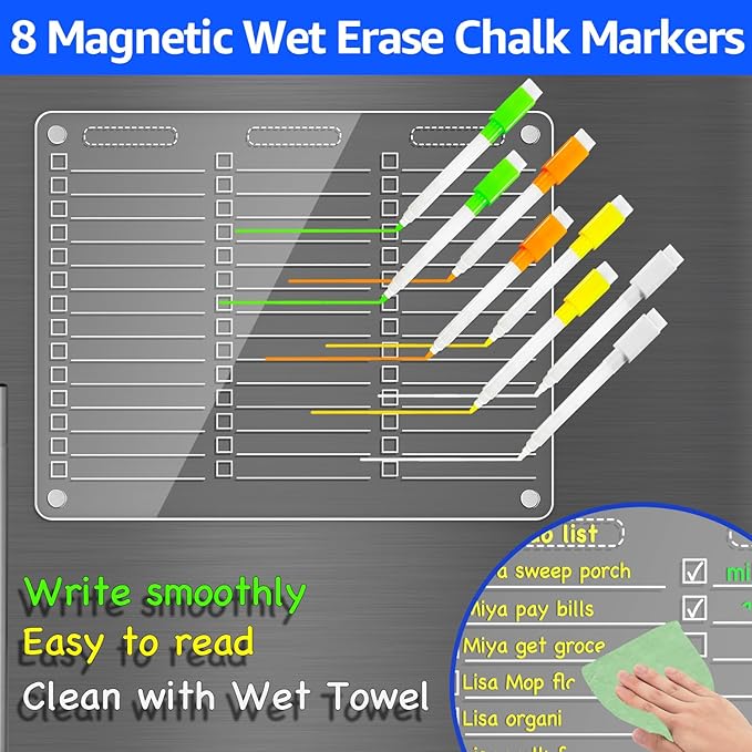 PigPotParty Acrylic Magnetic to Do List White Board for Refrigerator, 12"x9.5" Clear Dry Erase Board, Fridge Grocery List Magnet Checklist Whiteboard for Adult Family Kids, w/ 8 Markers and 1 Towel