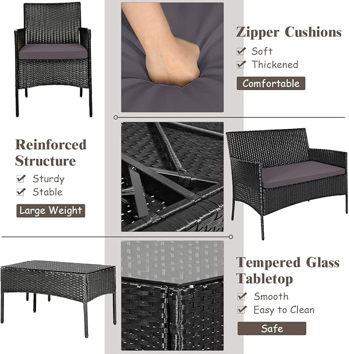 Tangkula 4 Pieces Patio Rattan Conversation Set, Outdoor Wicker Furniture Set with Tempered Glass Coffee Table &Thick Cushion, Rattan Chair Wicker Set for Garden, Lawn, Poolside and Backyard