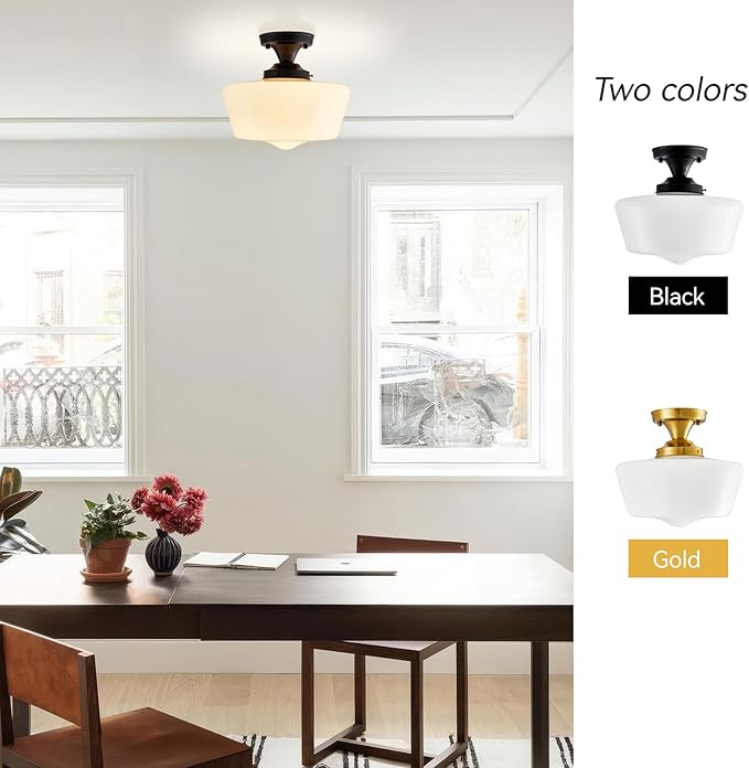 Black Schoolhouse Light Fixture, 12" Milk Glass Flush Mount Ceiling Light, Black Semi Flush Mount Ceiling Light for Farmhouse Kitchen Hallway Entryway