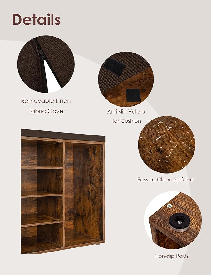 DINZI LVJ Shoe Storage Bench with Cushion, 16-Cubby Shoe Rack, Adjustable Shelves, Multifunctional Shoe Organizer Bench for Entryway, Mudroom, Hallway, Living Room, Bedroom and Garage, Rustic Brown