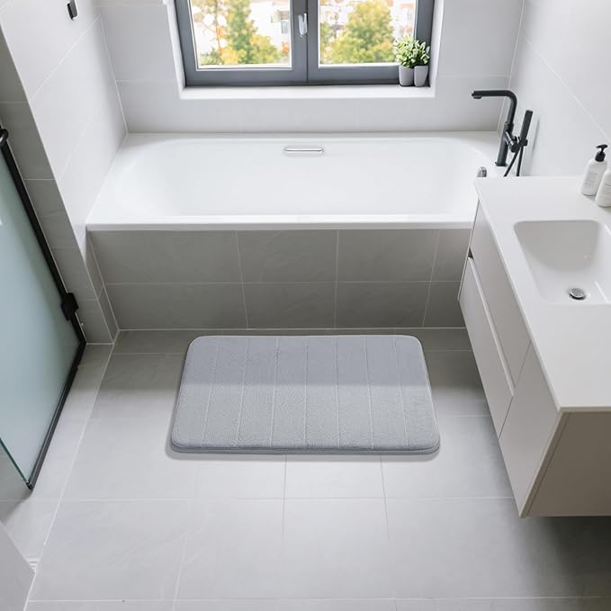 Yimobra Large Bath Mat 36"x24", Super Soft Quick Dry Memory Foam Bathroom Rug, Water Absorbent, Non Slip Backing Machine Washable for Tub Shower, Thick Comfort Support, Silver