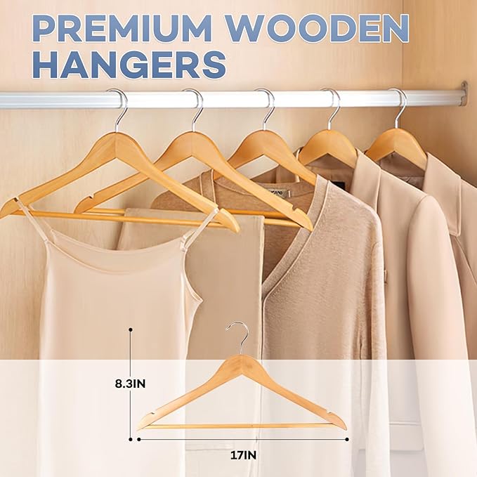 Wooden Hangers 30 Pack, Heavy Duty Wood Hangers for Coats, Suits, Jackets, Closet & Pants Durable Premium Wood Hangers with 360-Degree Rotatable Hook and Notches, Natural