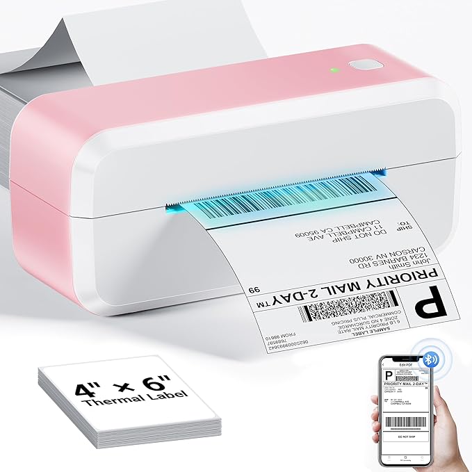 Bluetooth Shipping Label Printer, 4x6 Thermal Label Printer for Shipping Packages & Small Business, Compatible with IOS, Android, Windows and Mac, Widely Used for Ebay, Shopify, Amazon, Etsy (Pink)