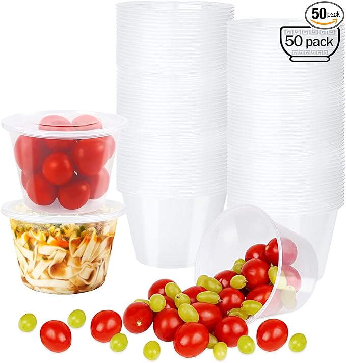 16 OZ [50 Set] Plastic Deli Food Storage Containers with Leak-Proof Airtight Lids BPA Free Disposable Togo Clear Containers for Soups, Heavy-Duty Ice Cream Microwave Dishwasher Freezer Safe