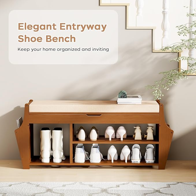 47.2in Shoe Bench Entryway - Bamboo Shoe Rack Bench with Storage, Shoe Rack Organizer with Cushion, 2 Side Holder, Holds Up tp 330lbs for Front Door Entrance, Living Room