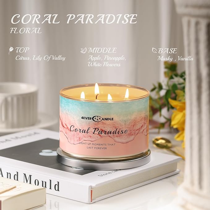 Coral Paradise Scented Candles, 18oz Soy Candles Non Toxic 4-Wick Large Candle Jars, Over 50 Hours of Burning Time, Ideal for Gifting, Events, Home Decor