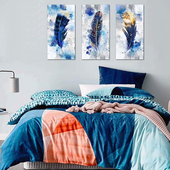 Pogusmavi Blue Canvas Wall Art for Living Room Large Modern Artwork Watercolor Feather Print Picture 3 pieces Canvas Wall Art Bedroom Wall Decor Ready to Hang for Home Office Decoration
