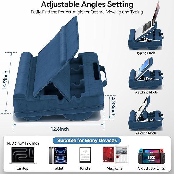 Laptop Lap Desk with Cushion, Adjustable Lap Desk Pillow with Storage, Portable Lap Table for Adults Student, Laptop Stand for Bed Office College Dorm Home Room Couch, Fits Up to 14.9" PC Tablet, Blue