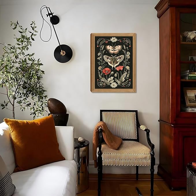 AKWISH Vintage Framed Wall Art - 3D Textured Classical Style Moth Pictures Wall Decor - Hand Drawn Flowers Nature Art Painting for Living Room Bedroom Home Decor 12x16in