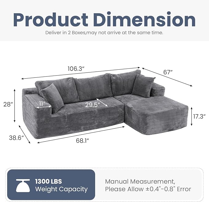 OC Orange-Casual 106.3" Cloud Sectional Couch with L-Shape Chaise,No Assembly Required Modular Sofa,Upholstered Boneless Couches for Living Room, Plush Corduroy Fabric (Grey, Right Facing Chaise)