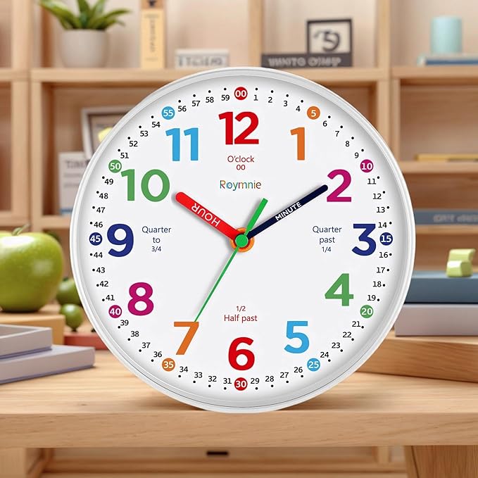 Wall Clock 10 Inch for Kids Learning Kids Teaching Clock Analog Silent Battery Operated Colorful Teaching Time Clock Decorative for Kids Room Kitchen School (White Grain)